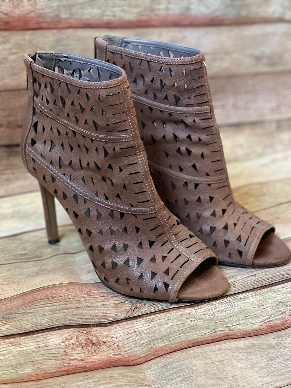 Brown Peep-Toe Cutout High Heel Booties - Women